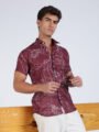 Men’s Burgundy Abstract Line Print Short Sleeve Button-Up Shirt
