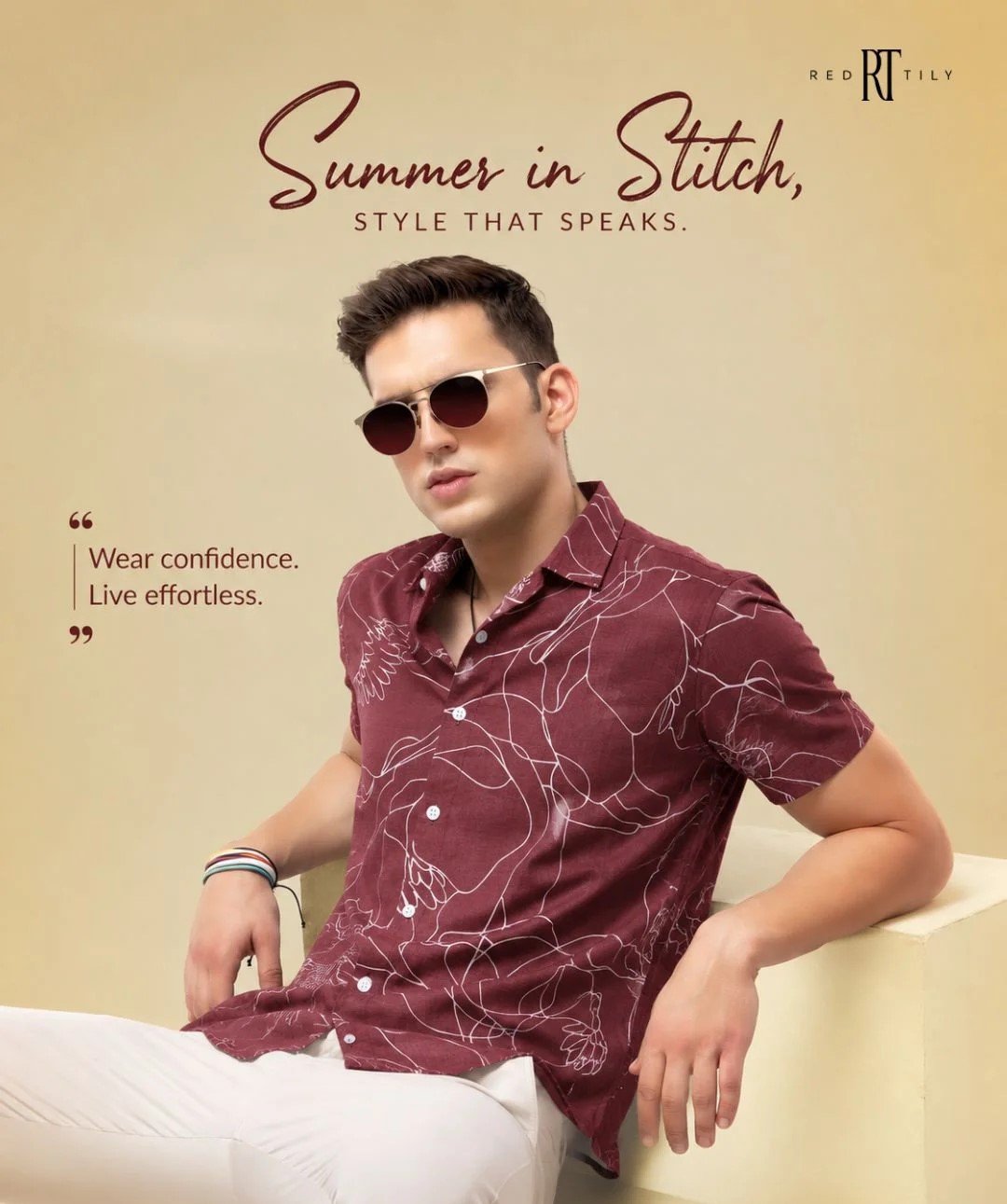 Men’s Burgundy Abstract Line Print Short Sleeve Button-Up Shirt